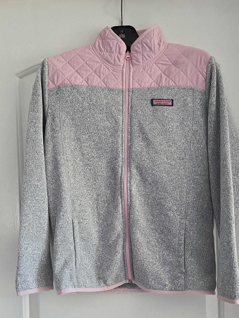 Girls Vineyard Vines Gray Pink Quilted-Yoke Full Zip Fleece Jacket Size XL 16